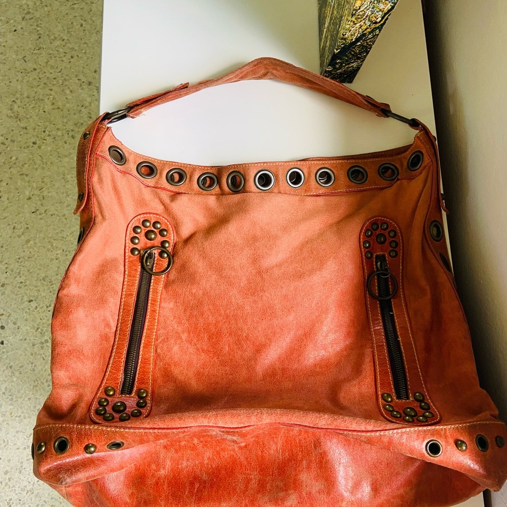 Distressed Vegan Leather Moto Grommet Handbag